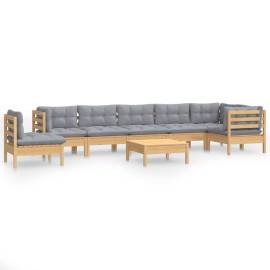 Set mobilier de grădină cu perne, 9 piese, gri, lemn masiv pin, 2 image