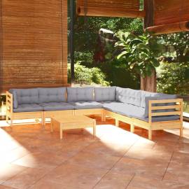 Set mobilier grădină cu perne, 8 piese, gri, lemn masiv pin