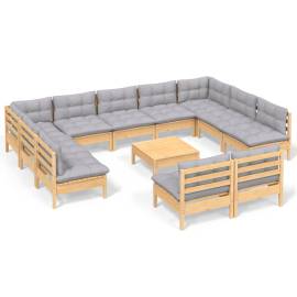 Set mobilier de grădină cu perne, 12 piese, gri, lemn masiv pin, 2 image