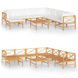 Set mobilier grădină cu perne crem, 9 piese, lemn masiv de tec, 2 image