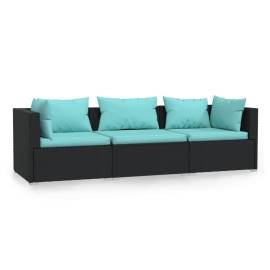 Canapea cu 3 locuri, cu perne, negru, poliratan, 2 image
