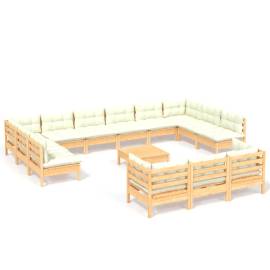 Set mobilier grădină cu perne crem, 14 piese, lemn masiv de pin, 2 image