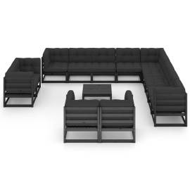 Set mobilier de grădină cu perne14 piese, negru, lemn masiv pin, 3 image