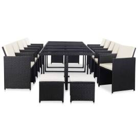 Set mobilier de exterior cu perne, 15 piese, negru, poliratan