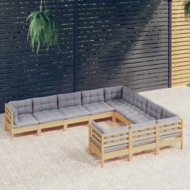 Set mobilier grădină cu perne, 10 piese, gri, lemn de pin