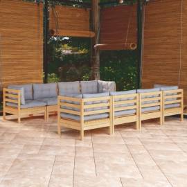 Set mobilier grădină cu perne, 9 piese, gri, lemn masiv pin