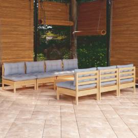 Set mobilier grădină cu perne gri, 8 piese, lemn de pin