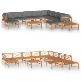 Set mobilier grădină cu perne gri, 12 piese, lemn masiv de tec, 2 image