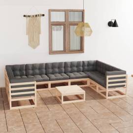 Set mobilier de grădină cu perne, 10 piese, lemn masiv de pin
