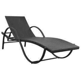 Șezlong de plajă cu pernă și masă, negru, poliratan, 3 image