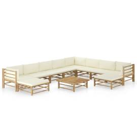 Set mobilier grădină cu perne alb crem, 11 piese, bambus