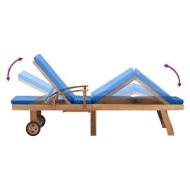 Șezlong cu pernă, albastru, lemn masiv de tec, 6 image