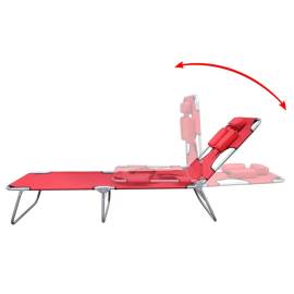 Șezlong roșu pliabil pentru plajă, cu tetieră și spătar reglabil, 3 image