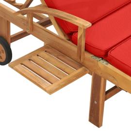 Șezlong cu pernă, roșu, lemn masiv de tec, 7 image
