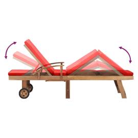 Șezlong cu pernă, roșu, lemn masiv de tec, 6 image