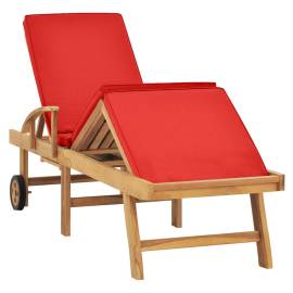 Șezlong cu pernă, roșu, lemn masiv de tec, 2 image