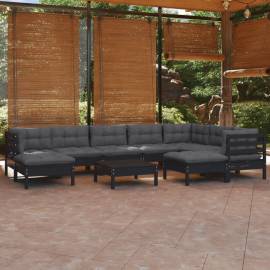 Set mobilier grădină cu perne, 10 piese, negru, lemn masiv pin