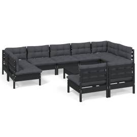 Set mobilier grădină cu perne, 10 piese, negru, lemn masiv pin, 2 image