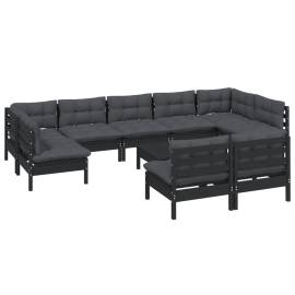 Set mobilier grădină cu perne, 10 piese, negru, lemn masiv pin, 3 image