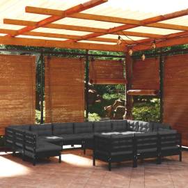 Set mobilier grădină cu perne, 14 piese, negru, lemn de pin