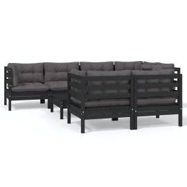 Set mobilier grădină cu perne, 8 piese, negru, lemn masiv pin, 2 image