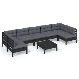 Set mobilier grădină cu perne, 8 piese, negru, lemn masiv pin, 2 image