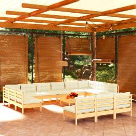 Set mobilier grădină cu perne crem, 14 piese, lemn masiv de pin