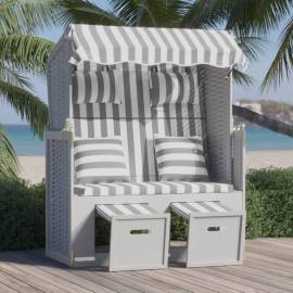 Scaun de plajă cu perne,gri&alb, poliratan și lemn masiv