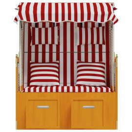 Scaun de plajă cu perne,roșu&alb, poliratan și lemn masiv, 5 image