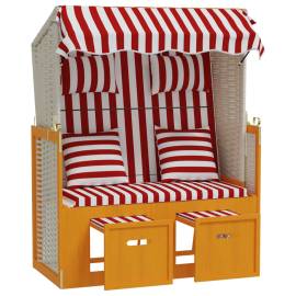 Scaun de plajă cu perne,roșu&alb, poliratan și lemn masiv, 4 image