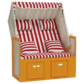 Scaun de plajă cu perne,roșu&alb, poliratan și lemn masiv, 2 image