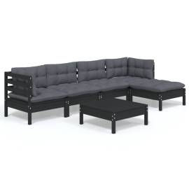 Set mobilier grădină cu perne, 6 piese, negru, lemn de pin, 2 image