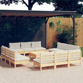 Set mobilier grădină cu perne crem, 13 piese, lemn masiv de pin