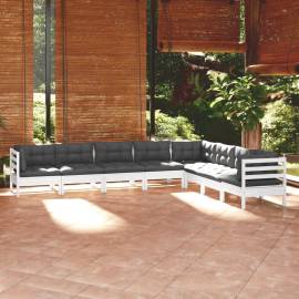 Set mobilier grădină cu perne, 8 piese, alb, lemn masiv de pin