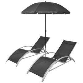 Șezlonguri de plajă cu umbrelă, negru, aluminiu, 2 image