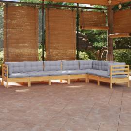 Set mobilier grădină cu perne, 7 piese, gri, lemn masiv pin