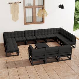 Set mobilier de grădină cu perne14 piese, negru, lemn masiv pin
