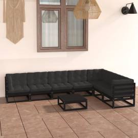 Set mobilier de grădină cu perne 8 piese, negru, lemn masiv pin