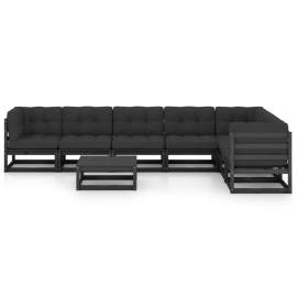 Set mobilier de grădină cu perne 8 piese, negru, lemn masiv pin, 3 image