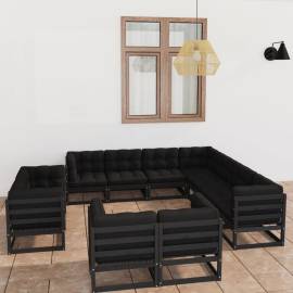Set mobilier grădină cu perne, 11 piese, negru, lemn masiv pin