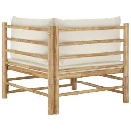 Set mobilier de grădină, 2 piese, perne alb crem, bambus, 5 image