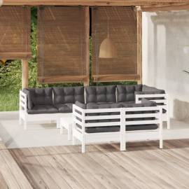 Set mobilier de grădină cu perne, 8 piese, alb, lemn masiv pin