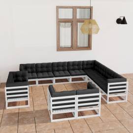 Set mobilier de grădină cu perne, 12 piese, alb, lemn masiv pin