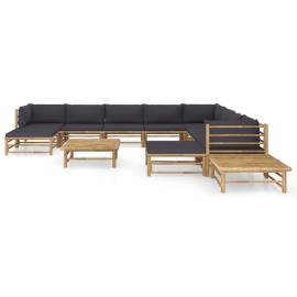 Set mobilier de grădină, 12 piese, perne gri închis, bambus, 2 image