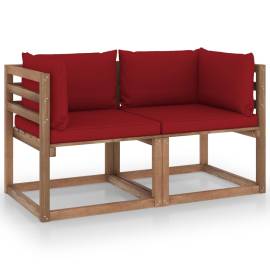 Canapea de grădină paleți, 2 locuri, perne roșu vin, lemn pin