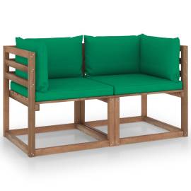 Canapea de grădină paleți, 2 locuri, perne verzi, lemn pin