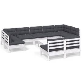 Set mobilier grădină cu perne, 10 piese, alb, lemn masiv pin, 2 image