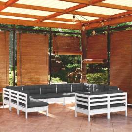 Set mobilier grădină cu perne, 11 piese, alb, lemn masiv de pin