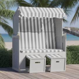 Scaun de plajă cu baldachin,gri&alb, poliratan și lemn masiv