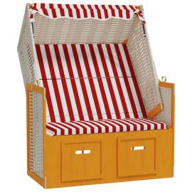 Scaun de plajă cu baldachin,roșu&alb, poliratan și lemn masiv, 2 image